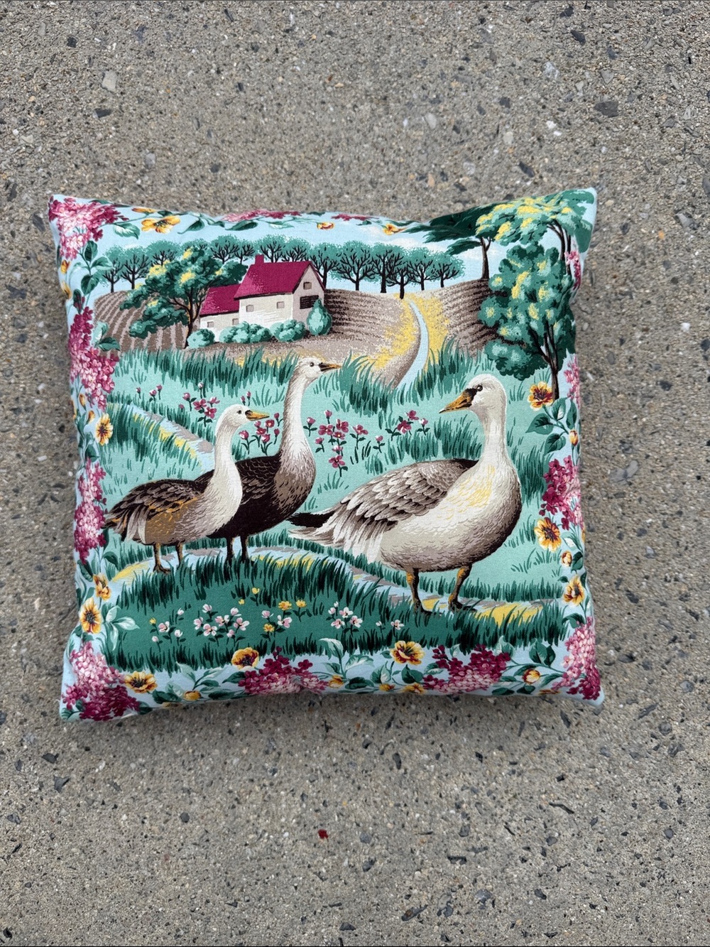 Decorative Goose Scene Throw Pillow in Teal & Floral Colors